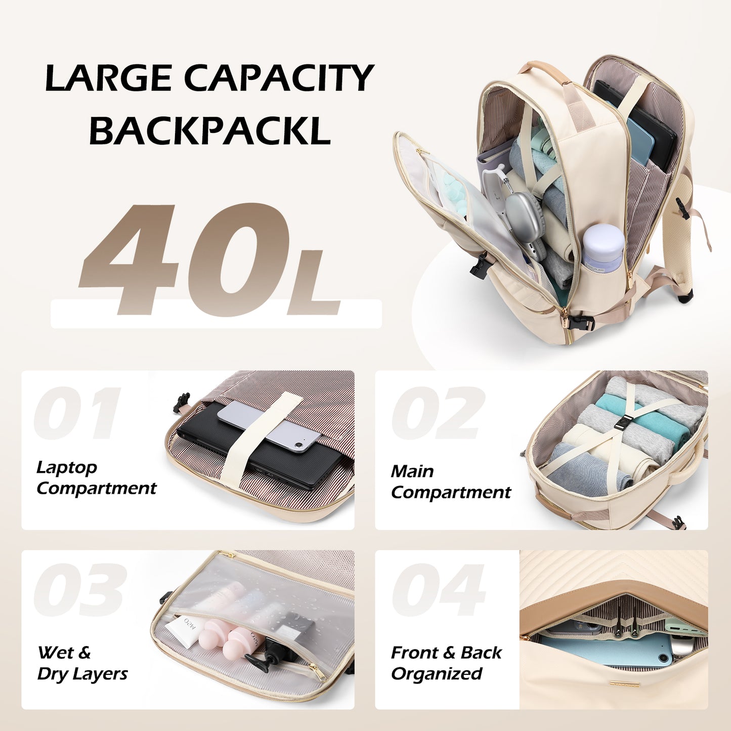 Large Travel Backpack for Women Men: 40L Carry on Backpack for Airplanes Personal Item Traveling Bookbag with Luggage Strap Laptop Backpacks Anti Theft Weekender Hiking Suitcase Bag Beige