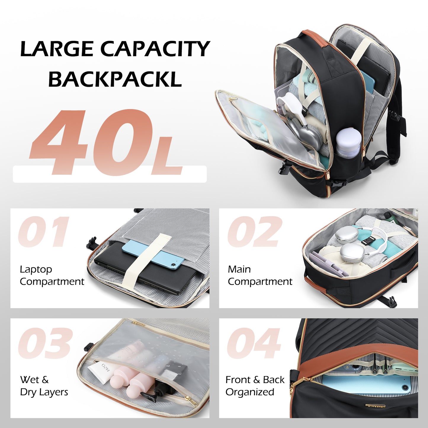 Large Travel Backpack for Women Men: 40L Carry on Backpack for Airplanes Personal Item Traveling Bookbag with Luggage Strap Laptop Backpacks Anti Theft Weekender Hiking Suitcase Bag Black