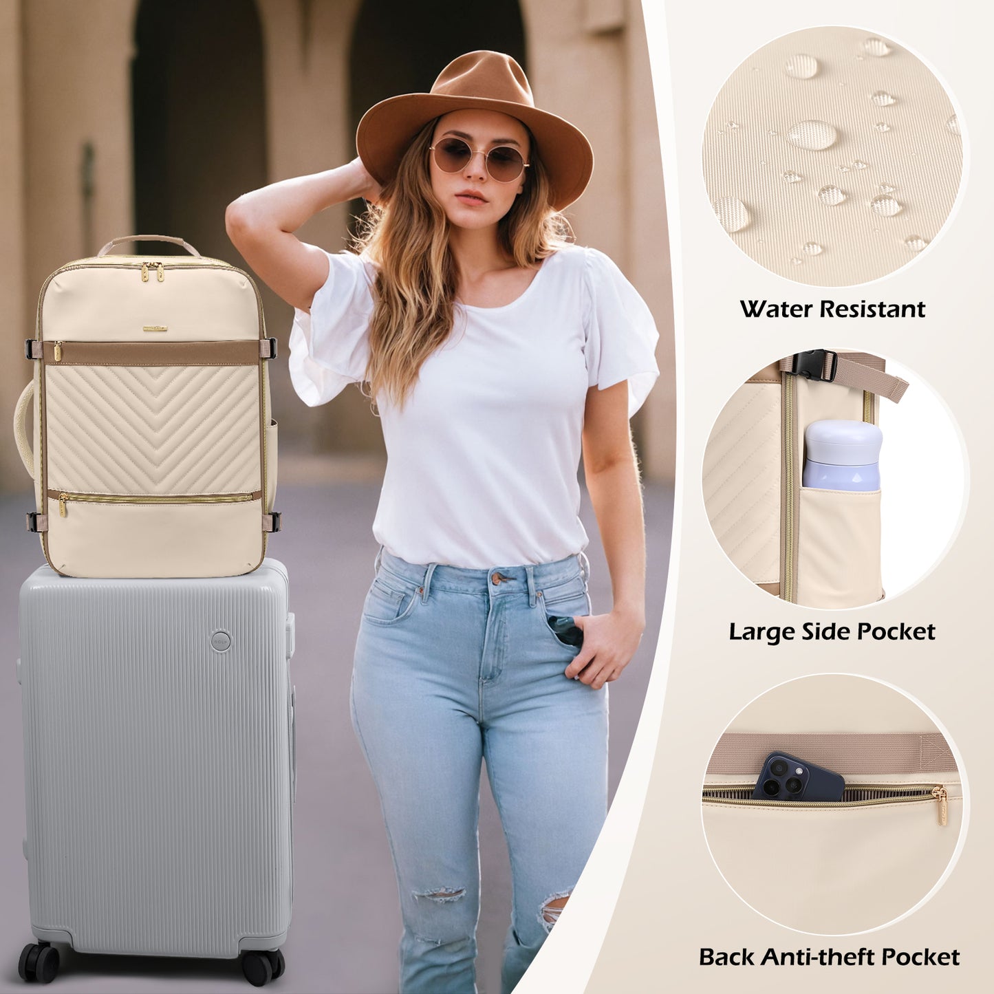 Large Travel Backpack for Women Men: 40L Carry on Backpack for Airplanes Personal Item Traveling Bookbag with Luggage Strap Laptop Backpacks Anti Theft Weekender Hiking Suitcase Bag Beige
