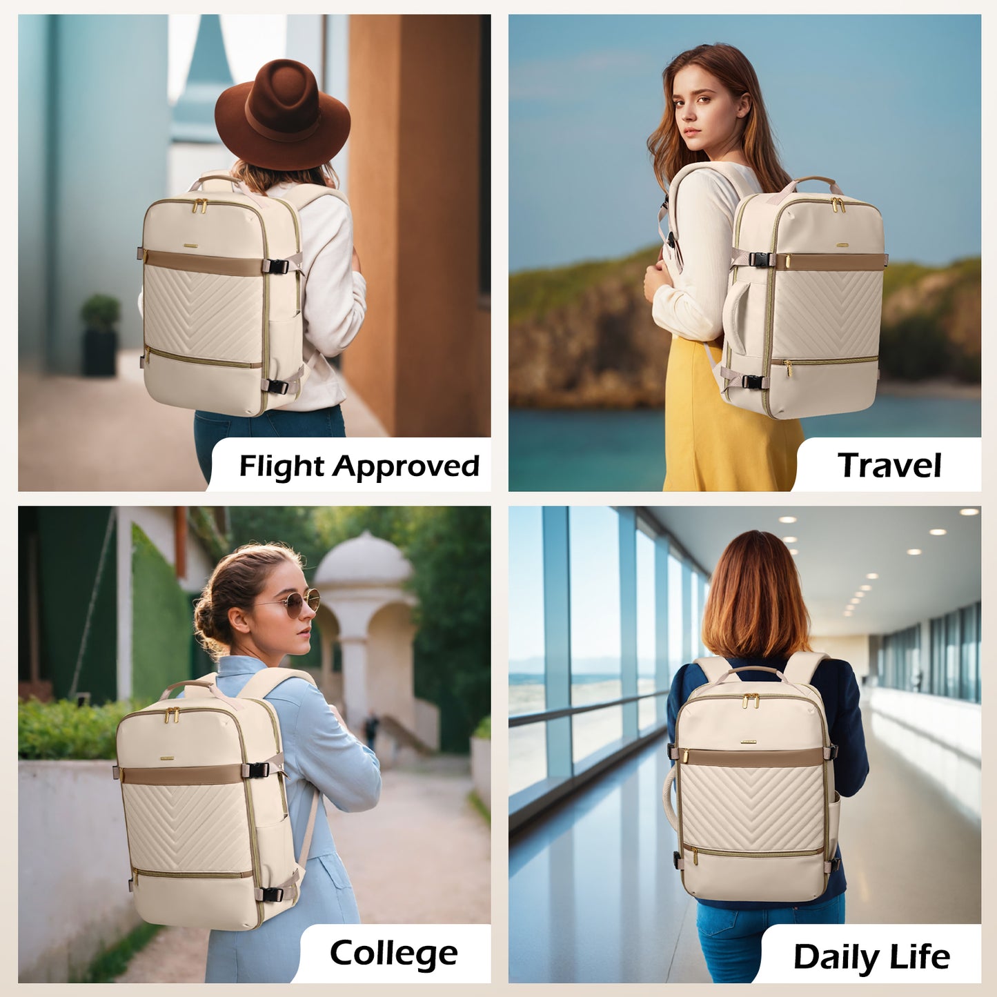 Large Travel Backpack for Women Men: 40L Carry on Backpack for Airplanes Personal Item Traveling Bookbag with Luggage Strap Laptop Backpacks Anti Theft Weekender Hiking Suitcase Bag Beige
